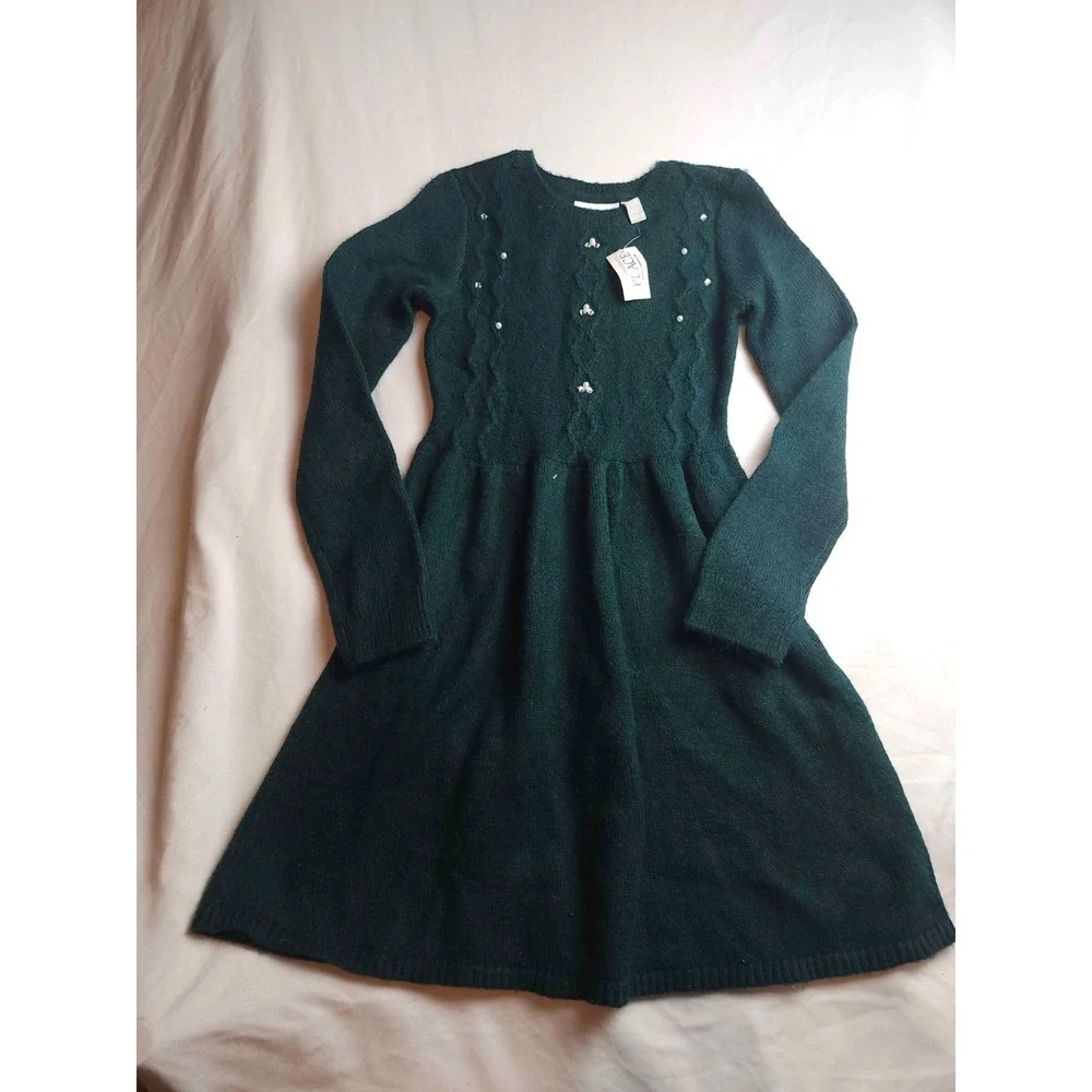 Childrens Place Sweater Dress Girls L 10/12 Green Preppy Classic Festive Holiday